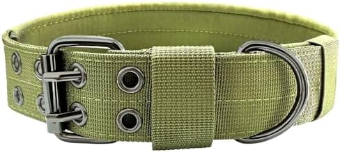 Heavy Duty Dog Collar for Large Dogs, Tactical Dog Collars with Metal Buckle & D Ring, 1.5" Width Thick Adjustable Nylon Collar for Medium Dogs, Army Green/XL