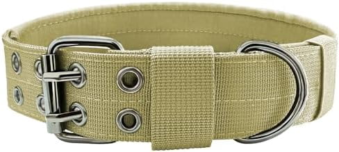 Heavy Duty Dog Collar for Large Dogs, Tactical Dog Collars with Metal Buckle & D Ring, 1.5" Width Thick Adjustable Nylon Collar for Medium Dogs, Khaki/M