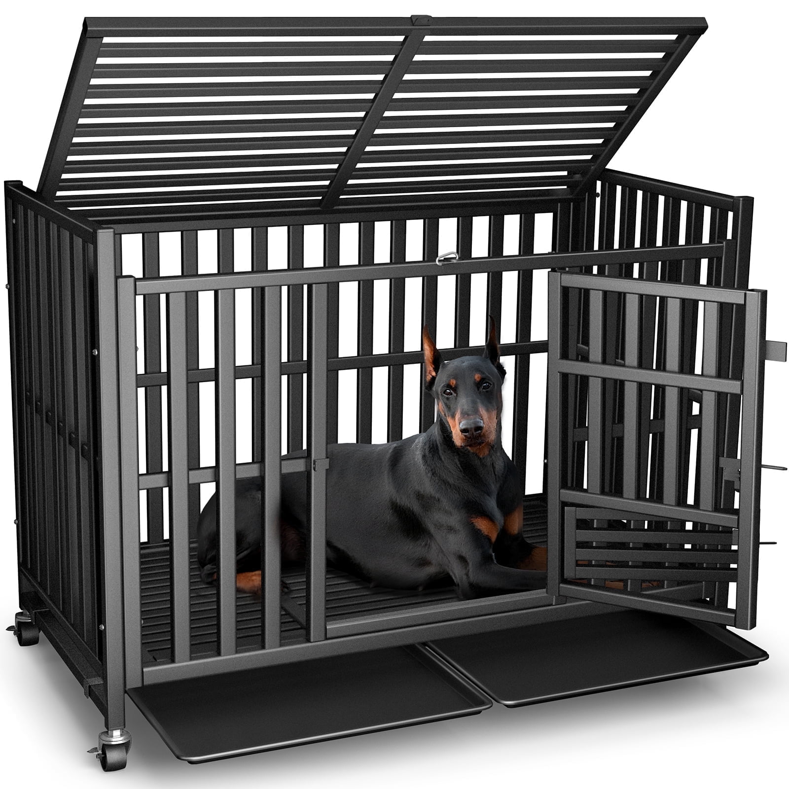 Heavy Duty Dog Crate 43 Inch, Escape-Proof Indestructible Cage for High-Anxiety Dogs, 3-Door Kennel with 4 Lockable Wheels and 2 Removable Trays Ideal for Large & Medium Breeds