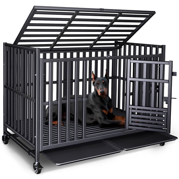 Heavy Duty Dog Crate 49 Inch, Escape-Proof Indestructible Cage for High-Anxiety Dogs, 3-Door Kennel with 4 Lockable Wheels and 2 Removable Trays Ideal for Large & Medium Breeds