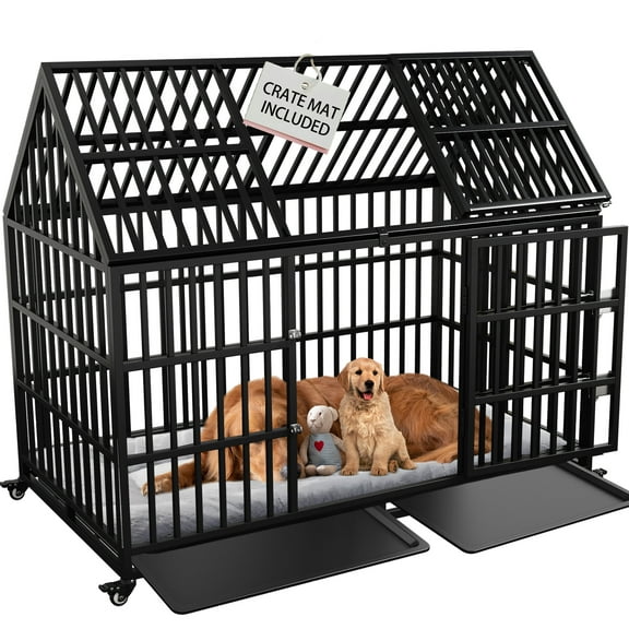 Heavy Duty Dog Crate 54 inch with Mat Indestructible Pet Dog Cage Crate Kennel with Roof Top 2 Doors Removable Trays, Lockable Wheels Escape-Proof for High Anxiety Large /Extra Large Dogs