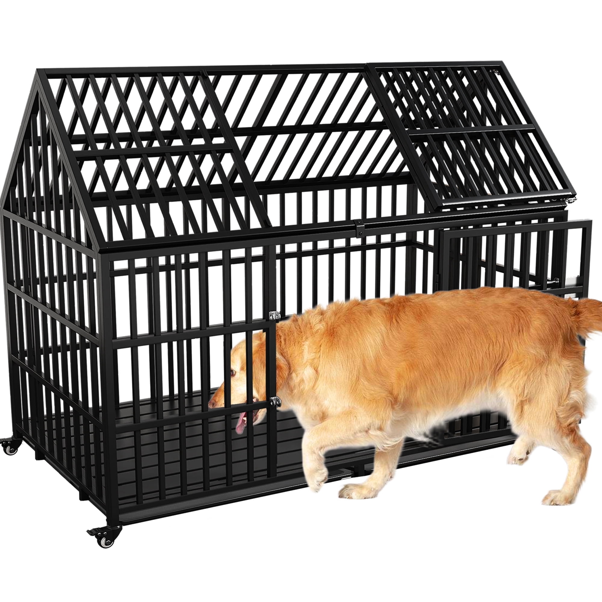 Heavy Duty Dog Crate 58 inch Indestructible Pet Dog Cage Crate Kennel with Roof Top 2 Doors Removable Trays, Lockable Wheels Escape-Proof for High Anxiety Large /Extra Large Dogs Breeds