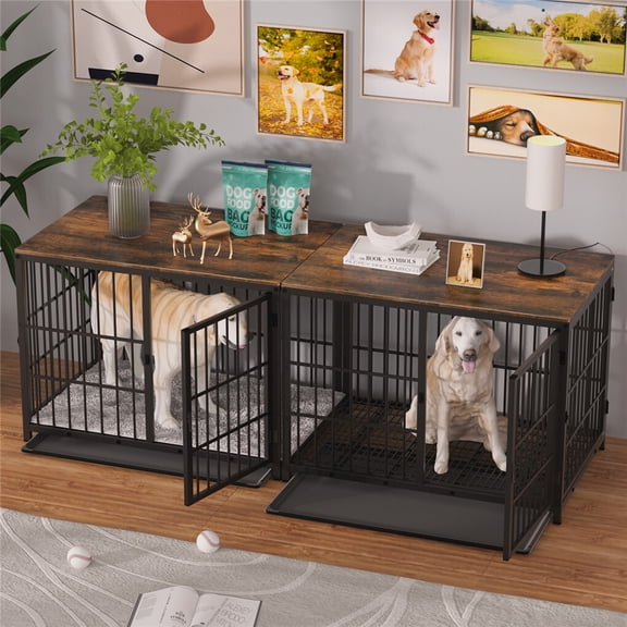 Heavy Duty Dog Crate Furniture End Table Jumbo Tall Wooden Metal Pet Cage w Tray 30 x 22 x 25.6