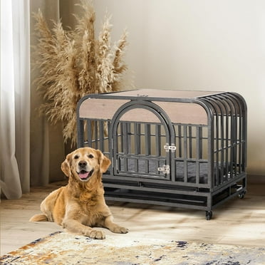 Heavy Duty Dog Crate, Furniture Style Dog Crate with Removable Trays and Wheels for High Anxiety Dogs (Grey, 46in)