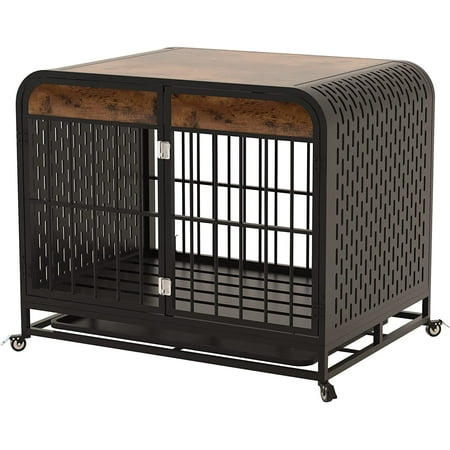 Heavy Duty Dog Crate Large Dog Cage with Wide Tabletop, 33" Strong Wooden Furniture Style Dog Crate Kennel Indoor Decor Pet House with Removable Trays and Lockable Wheels, for Small Dogs, Brown