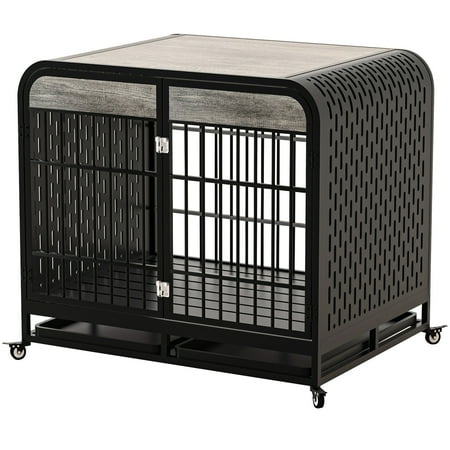 Heavy Duty Dog Crate Large Dog Cage with Wide Tabletop, 40" Strong Wooden Furniture Style Dog Crate Kennel Indoor Decor Pet House with Removable Trays and Lockable Wheels, for Medium Large Dogs, Gray