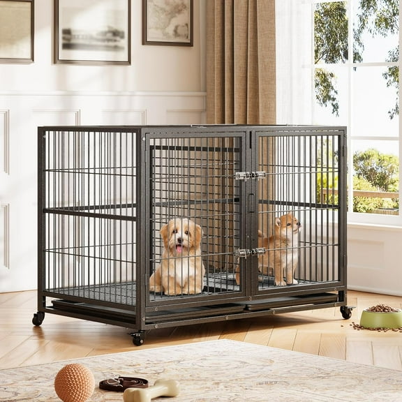 Heavy Duty Dog Crate, Metal Wire Dog Cage with Divider, Indestructible Dog Crate Kennel, for Large Dogs,Sturdy Locks Design/Double Door with Wheels/Removable Tray