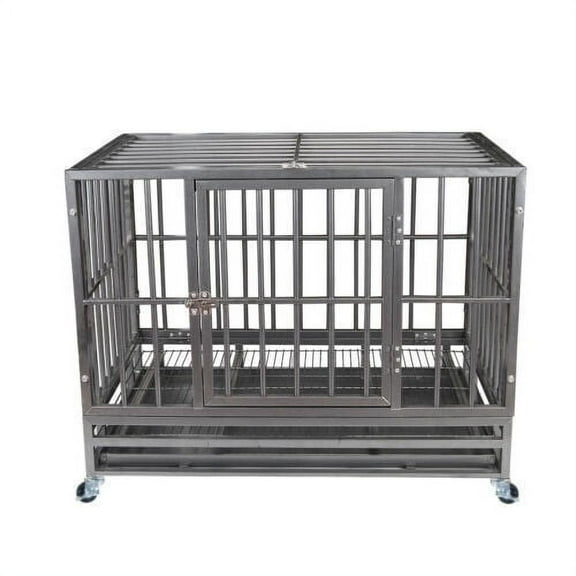Heavy Duty Dog Crate Strong Metal Kennel Playpen With Wheels 37" Gray