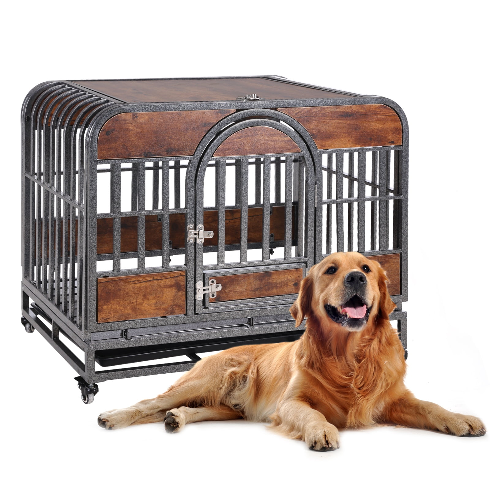 Heavy Duty Dog Crate With Removable Trays Sliding Bolt Latch Wheels