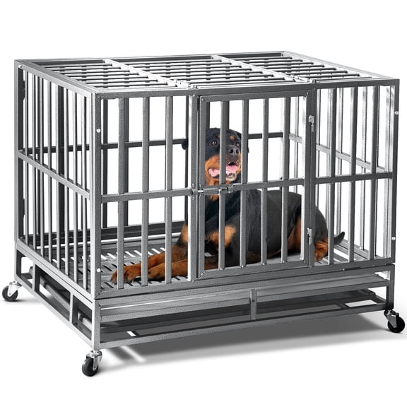 Heavy Duty Dog Crate With four Wheels, Dog Crates For Large Dogs, Double Door Strong Metal Dog Kennel With Removable Tray. Easily Removable Dog Cage For Travel And Transit. Apply For Indoor&Outdoor.