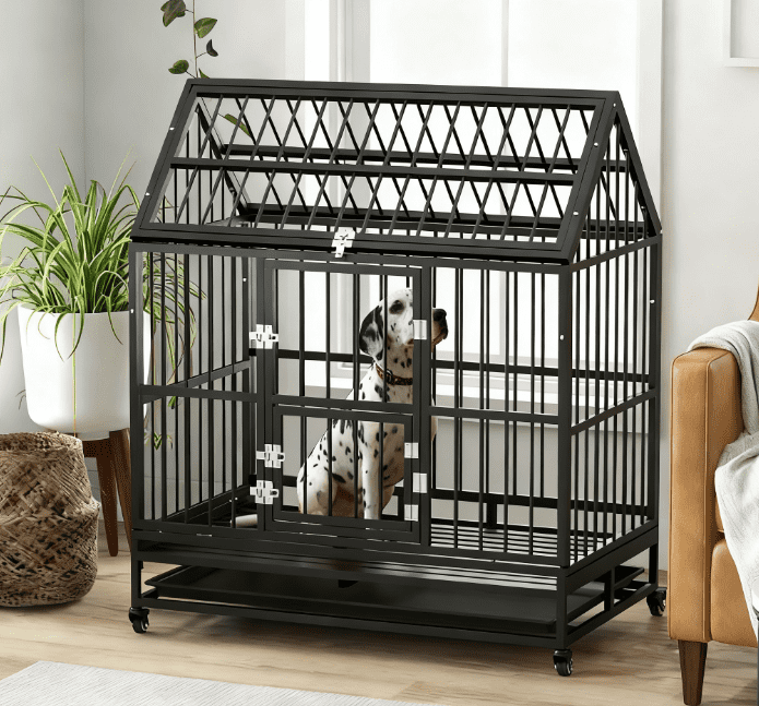 Heavy Duty Dog Crate with 4 Lockable Wheels, Double Doors, and Removable Tray, Black