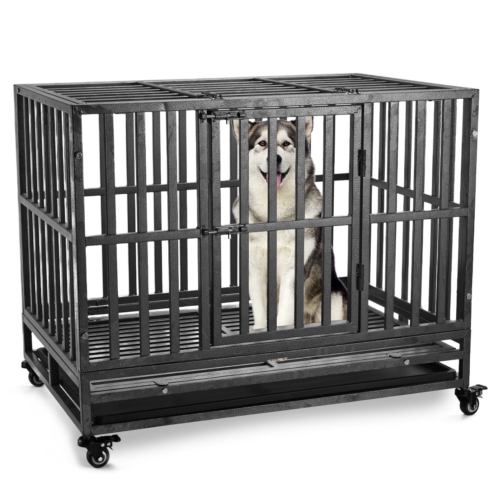 Heavy Duty Dog Crate with Wheels Large Dog Kennel with Removable Tray ...