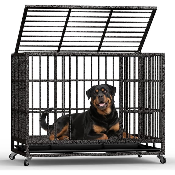 Heavy Duty Dog Crates for Large Dogs, Indestructible Escape Proof Kennel, Upgraded Reinforced Baseplate, Lockable Wheels, 48 Inch Double Door Design, Spacious Capacity