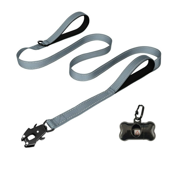 Heavy Duty Dog Leash- Nylon reflective with Soft Padded 2 Handle & Auto Lock Frog Clip Outdoor dog leash with a dog poop bag (GRAY)