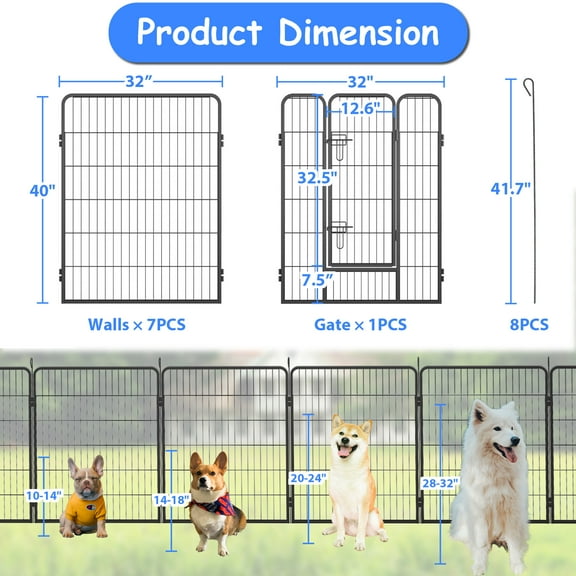 Black Heavy Duty Metal Dog Pen 8-Panel Exercise Fence, 40" Height Outdoor/Indoor Pet Playpen with Door for Large Dogs & Small Animals