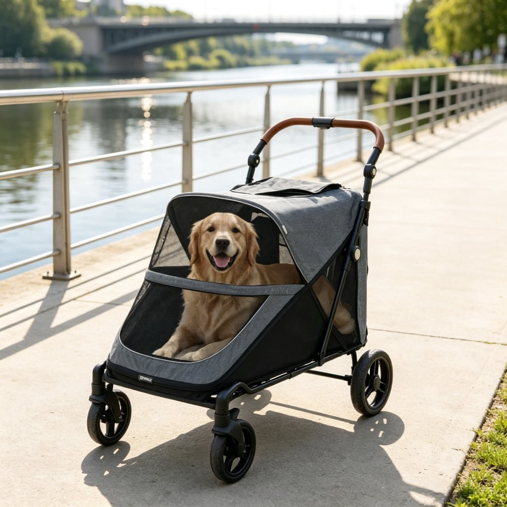 Heavy Duty Dog Stroller, Up to 66 LBS, All-Terrain Suspension for Backyard & Park Use, Gray