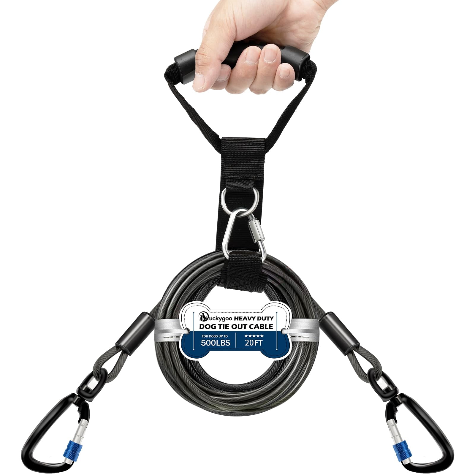 Heavy Duty Dog Tie Out Cable- Dog Leads for Yard & Camping, Rust Proof Leash Cable with Carrying Handle, No Tangle Tether for Medium to Large Dogs Up to 500lbs,20ft,Black