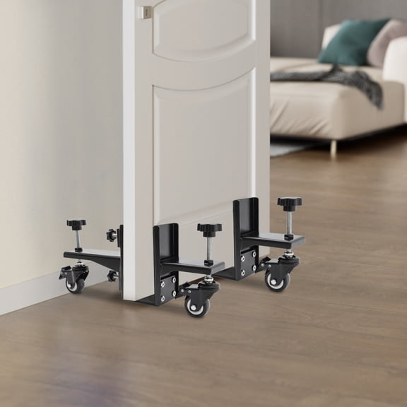 Heavy-Duty Door Installer, 39x16.5x6.8cm Black Iron, 4 Pressure Plate Holders for 1-2.375in Doors, Anti-Slip Pads & Lockable Wheels, Perfect for Barn/Steel Frame Doors