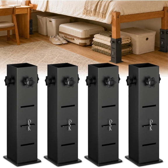Heavy Duty Dorm Bed Risers Extenders, Fits Bed Legs 1.5" to 2.2" Diameter | Creates More Under-Bed Storage, 3 Adjustable Heights 2", 4", or 6", Wide Base & Thick Steel Construction, Black, 4-Pack