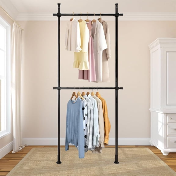 Heavy Duty Double Bar Clothing Rack Adjustable Floor-to-Ceiling Clothes Rack, 2 Crossbars 220 lbs Capacity Each, Heavy-Duty Carbon Steel, No-Drill Installation, for Laundry Room, Bedroom & Boutique