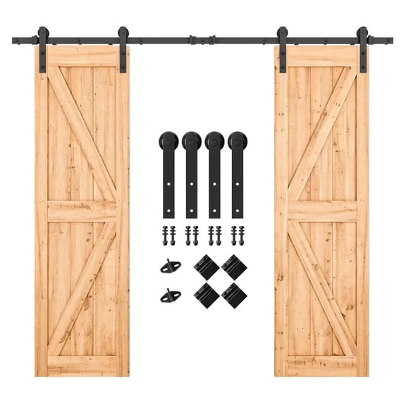 Heavy Duty Double Barn Door Hardware Kit 8.2FT Smooth & Quiet Sliding Operation Easy Install With Step-by-Step Guide Supports