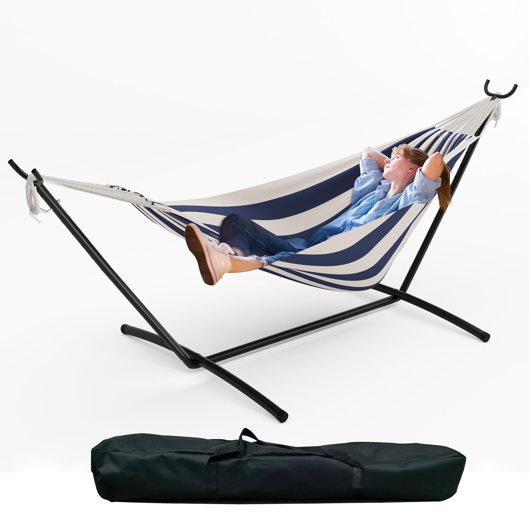 Heavy Duty Double Cotton Hammock with Steel Stand – 2 Person Brazilian-Style, 450lbs Capacity, Portable Indoor Outdoor Lounger with Carry Bag, Backyard, Balcony, Camping, Blue and White