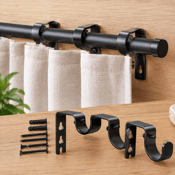 Heavy Duty Double Curtain Rod Bracket Double Rod Holders for 1 1/4 Inch and 3/4 Inch Rod (Black)