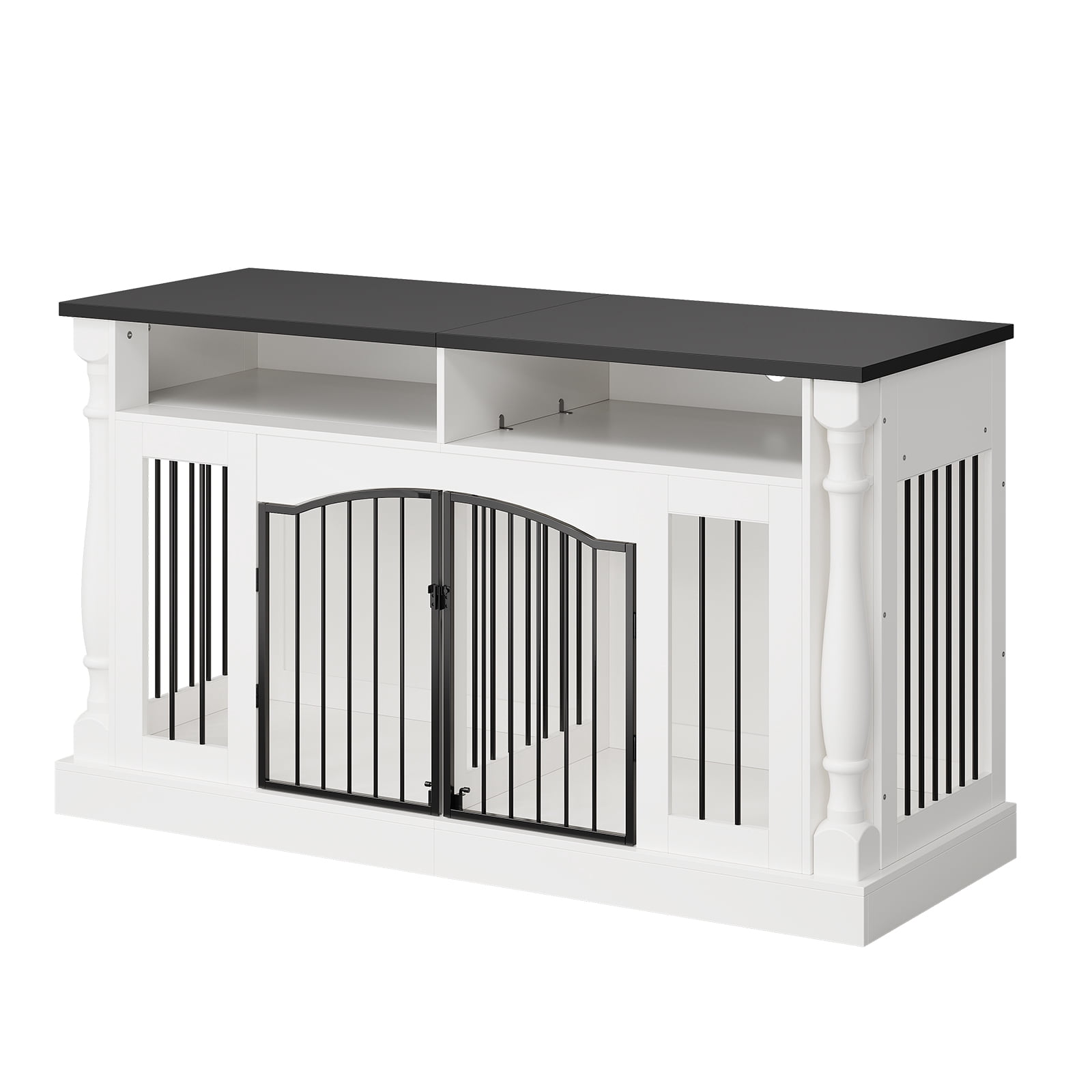 Heavy Duty Double Dog Crate Furniture for 2 Dogs - 63" Wooden Kennel with Open Storage, TV Stand Table, Charging Station, Sliding Barn Doors - Roman Column Design for Small & Medium Dogs - White