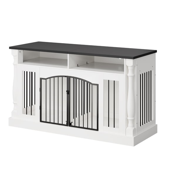 Heavy Duty Double Dog Crate Furniture for 2 Dogs - 63" Wooden Kennel with Open Storage, TV Stand Table, Charging Station, Sliding Barn Doors - Roman Column Design for Small & Medium Dogs - White