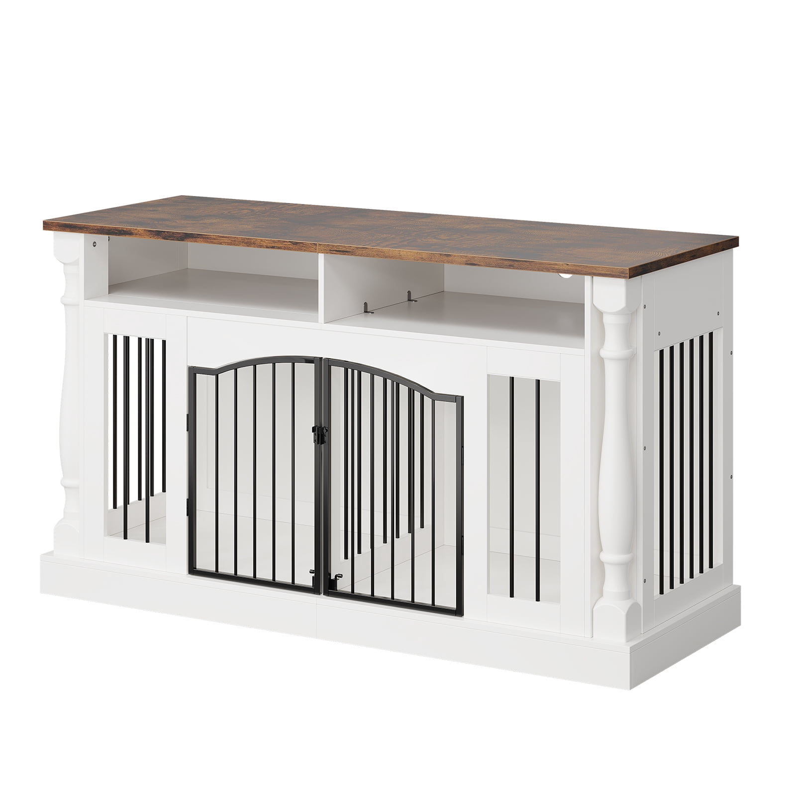 Heavy Duty Double Dog Crate Furniture for 2 Dogs - 63" Wooden Kennel with Roman Column Design - TV Stand & Open Storage, Sliding Barn Doors - For Small & Medium Breeds - Rustic Tiger Wood