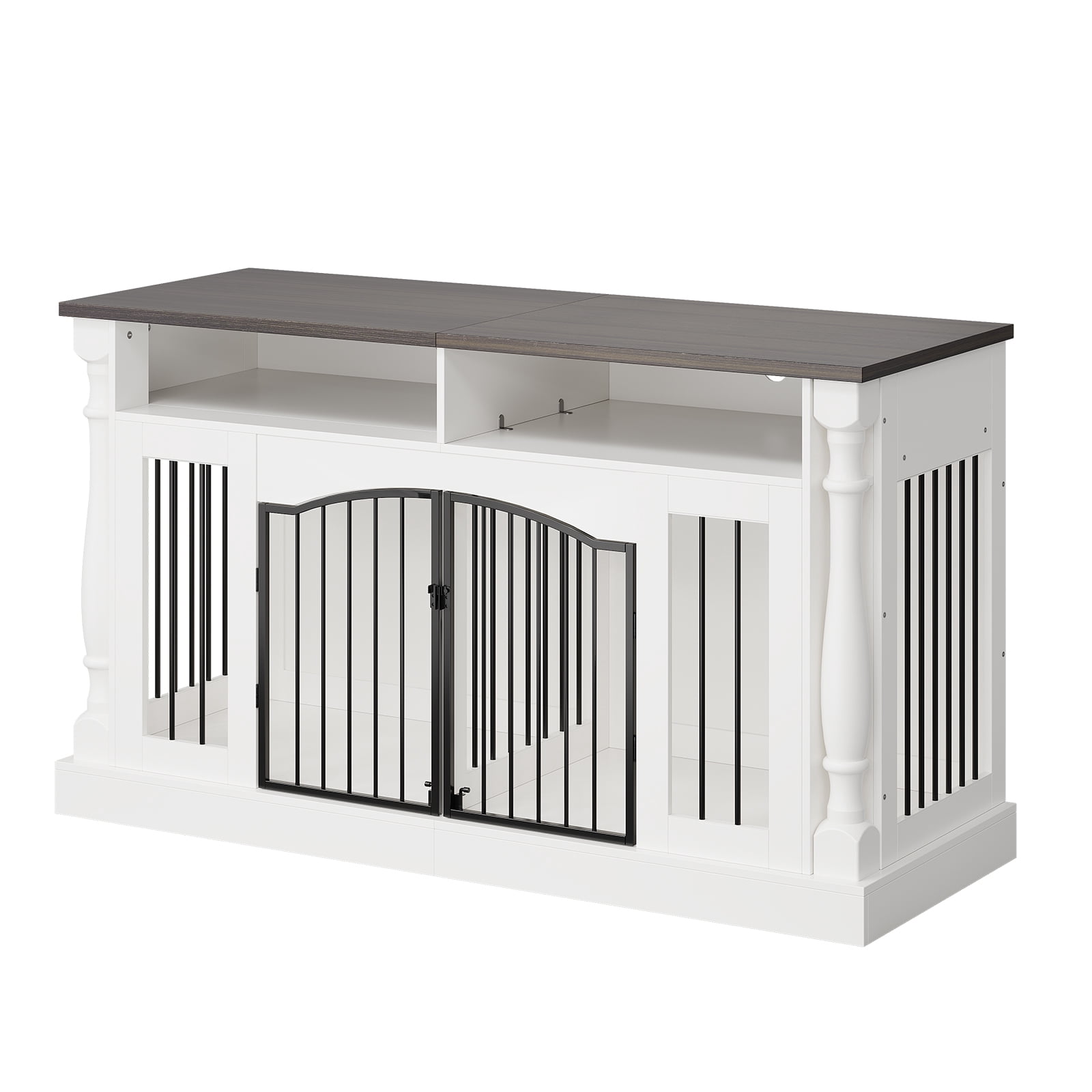 Heavy Duty Double Dog Crate Furniture for 2 Small & Medium Dogs - 63" Roman Column Wooden Kennel with Semi-Open Storage, TV Stand Table, Double Sliding Barn Doors - Natural Wood Finish