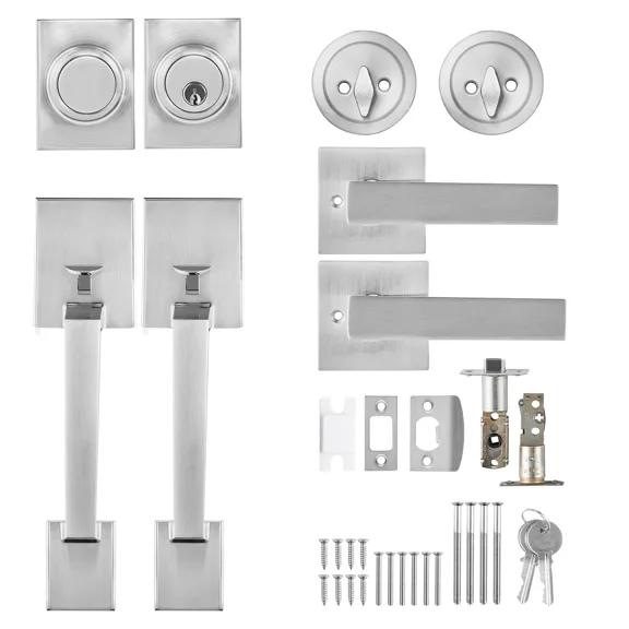 Heavy Duty Double Door Handle Set with Reversible Lever,Satin Nickel Square Design,Ideal for Front or Office Doors,Includes Dummy Lock Set