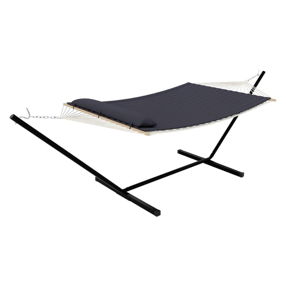 Heavy Duty Double Hammock with Stand – Quilted Cotton Rope Patio Bed with Spreader Bars & Storage Net – 450lbs Capacity – Comfortable & Portable for Backyard, Patio, Camping – Dark Gray