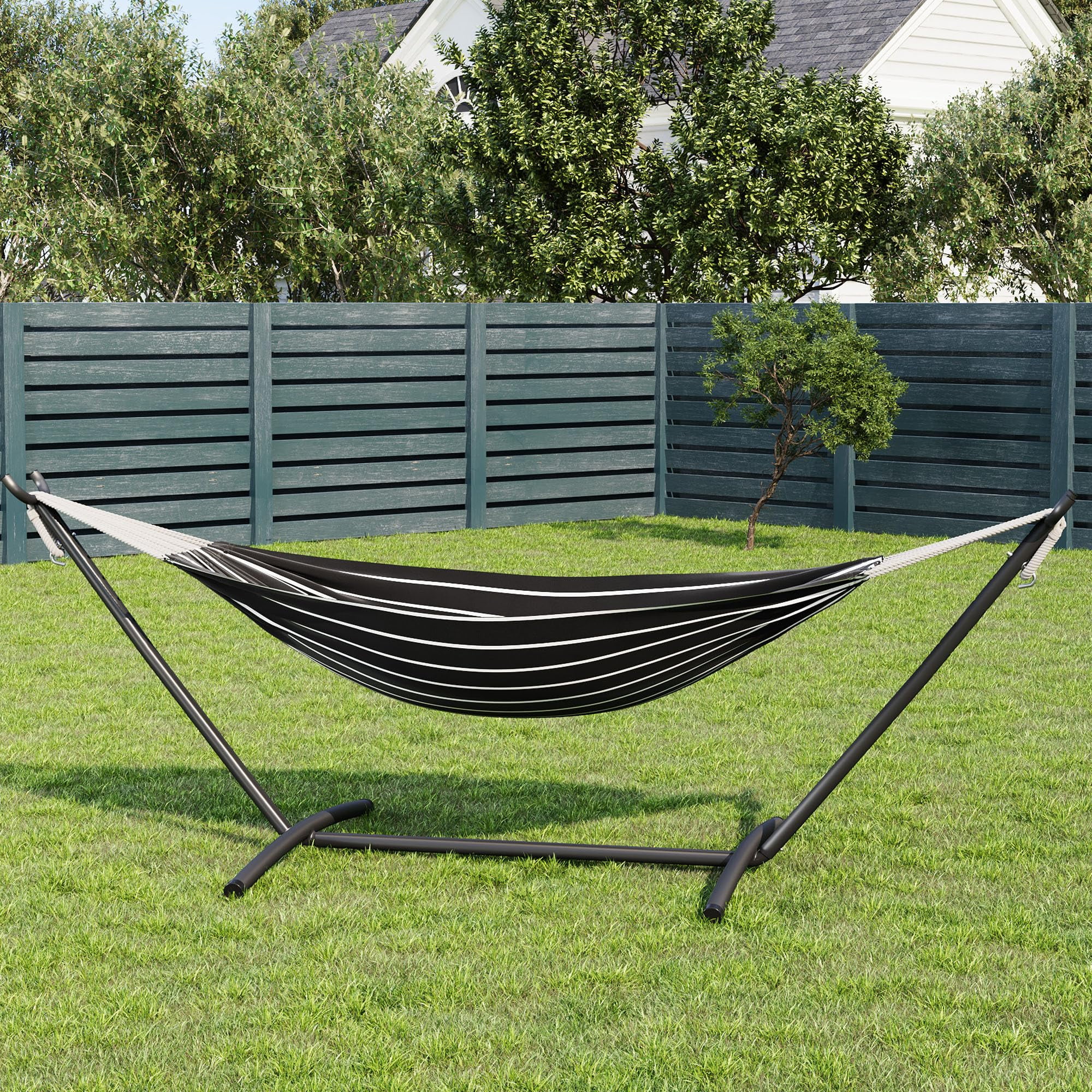 Heavy Duty Double Hammock with Steel Stand – 2 Person, 450lbs Capacity, Portable for Indoor Outdoor Use, Space-Saving with Carry Bag, Garden, Patio, Camping, White Agate