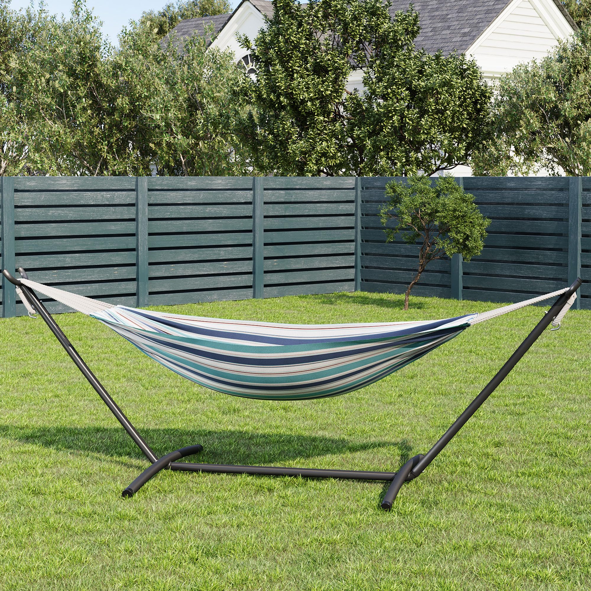 Heavy Duty Double Hammock with Steel Stand – 2 Person Cotton Hammock, 450lbs Capacity, Portable for Indoor & Outdoor, Garden, Patio, Camping, with Carry Bag, Ocean Color