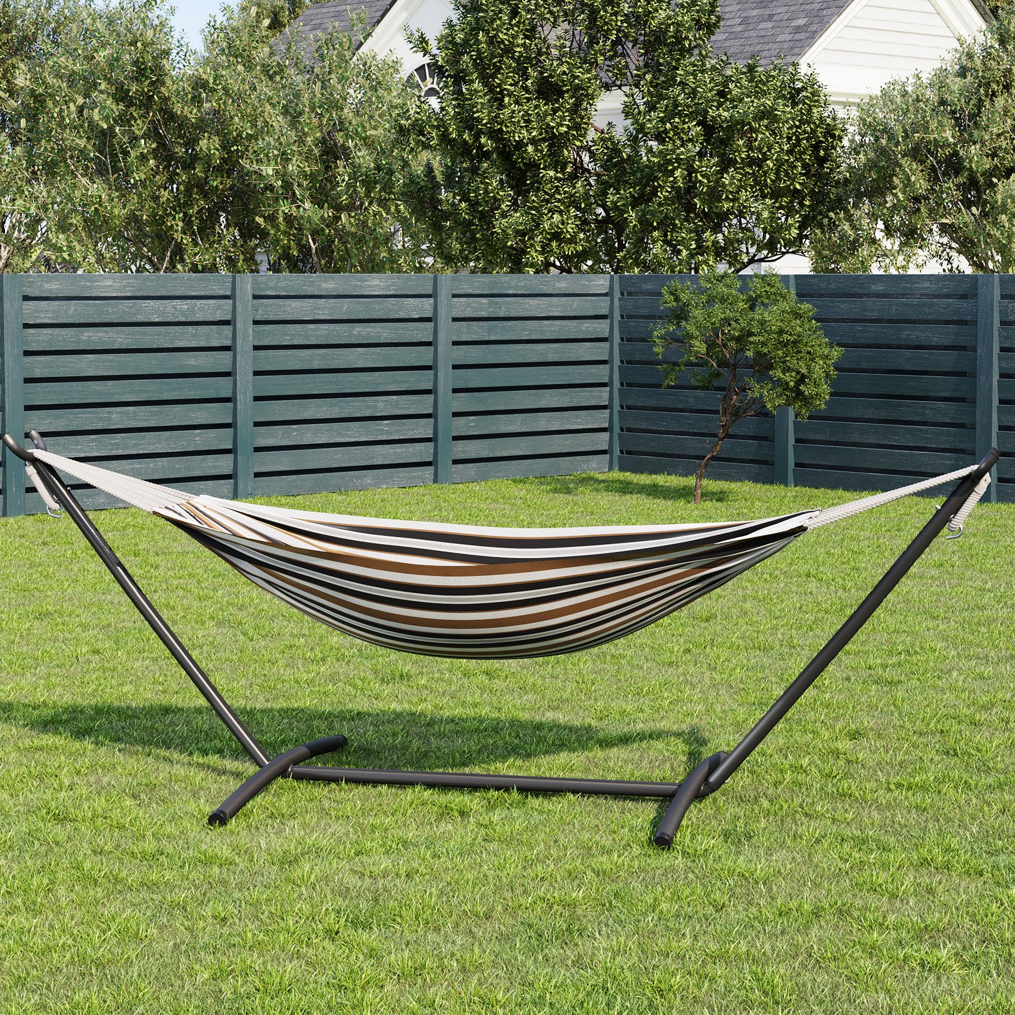Heavy Duty Double Hammock with Steel Stand – 2 Person Cotton Hammock, 450lbs Capacity, Portable, Space-Saving, for Indoor Outdoor Garden, Patio, Camping, with Carry Bag, Brown