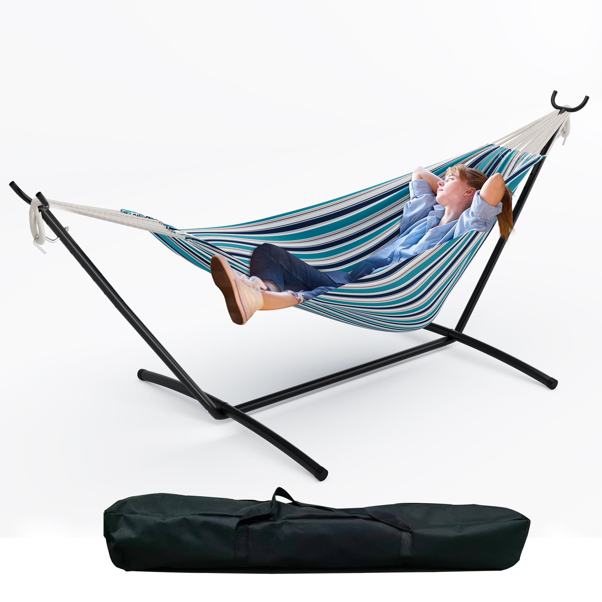 Heavy Duty Double Hammock with Steel Stand, Adjustable 2 Person Hammock Chair, Portable Indoor/Outdoor Swing, 450 lbs Capacity, Backyard, Garden, Camping, Includes Carry Bag
