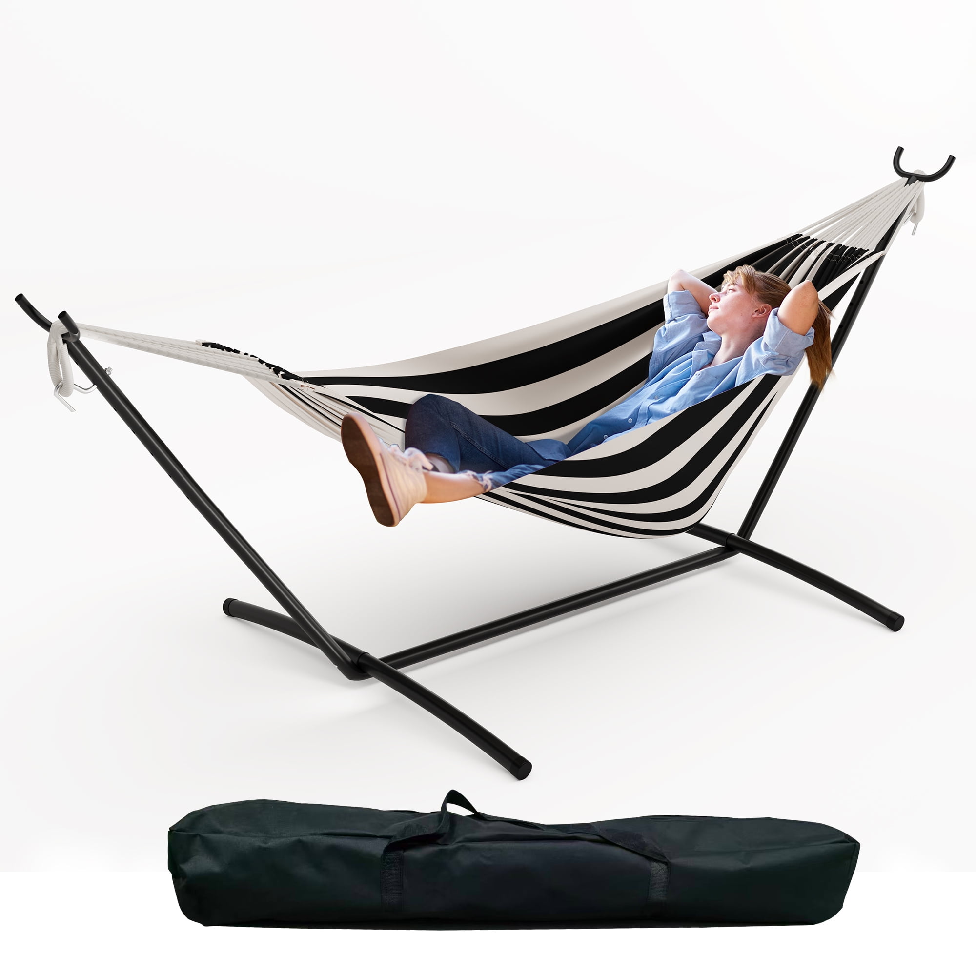 Heavy Duty Double Hammock with Steel Stand, Adjustable 2 Person Hammock Chair, Portable Indoor/Outdoor Swing, 450 lbs Capacity, Backyard, Garden, Camping, Includes Carry Bag