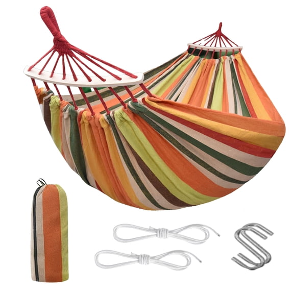 Heavy-Duty Double Hammock for Two – 200x150cm Extra-Thick Outdoor Hanging Bed for Backyard & Camping, Thickened Orange-Green