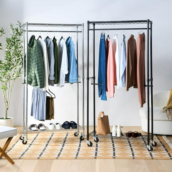 Adjustable, Double Hanging Rod Garment Rolling Closet Organizer Rack with Wheels, Heavy Duty, Black, 36'' x 14'' x 72''