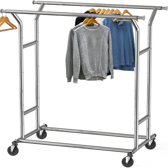 Heavy Duty Double Rail Clothing Garment Rack Chrome Extendable from 43 ...