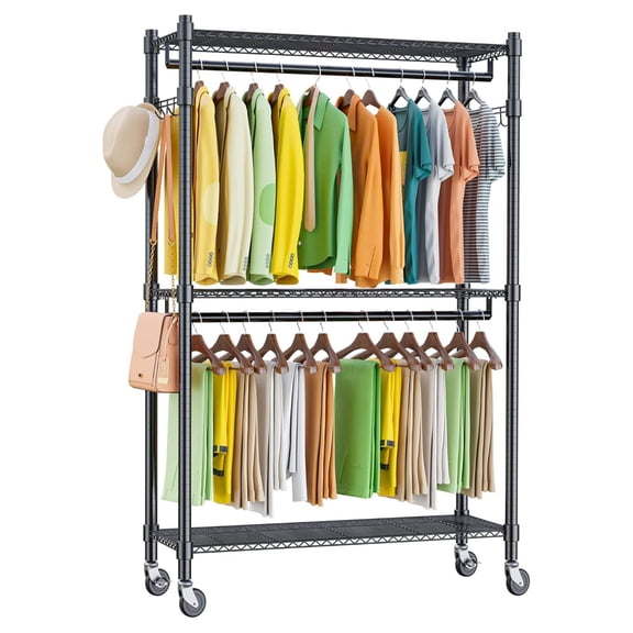 Heavy Duty Double Rod Closet 3 Shelf Wire Shelving Clothing Rolling Rack with Wheels Side for Bedroom Garage and Attic Storage