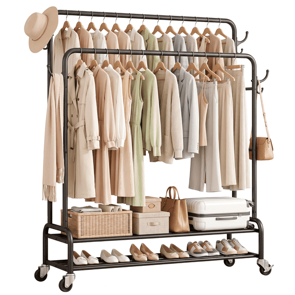 Heavy Duty Double Rod Clothes Rack, Rolling Garment Rack with 2 Tier Shelf and Side Hooks, Metal Coat Rack on Wheels for Bedroom, Laundry Room and Living Room, 44.3"L x 16.1"W x 61.8"H, Black