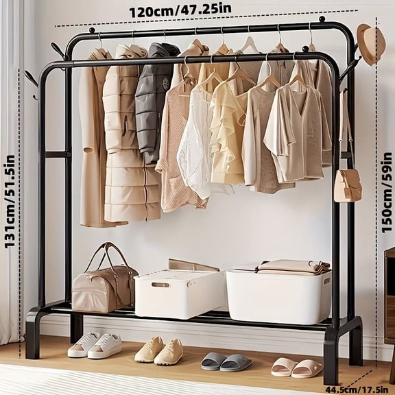 Heavy Duty Double Rod Garment Rack for Hanging Clothes, Freestanding Wardrobe Closet Organizer with Steel Frame, Black Metal Clothing Rack for Bedroom Storage