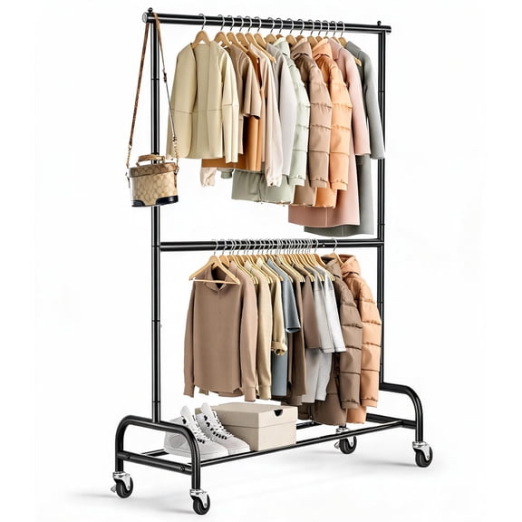 Heavy Duty Double Rod Rolling Clothing Rack with Adjustable Height and U-Shaped Base in Black