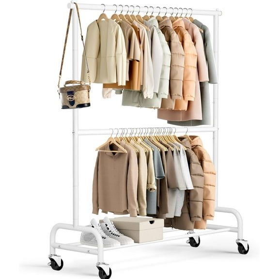 Heavy Duty Double Rod Rolling Clothing Rack with Adjustable Height and Wheels, Metal, White