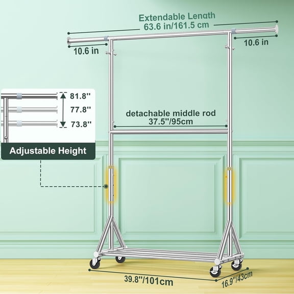 Heavy Duty Double Rods Clothes Rack Load 860LBS, Adjustable Portable Clothing Racks for Hanging Clothes, Rolling Garment Rack With Wheels Shelf, Sturdy Freestanding Closet Rack,  Stainless Steel