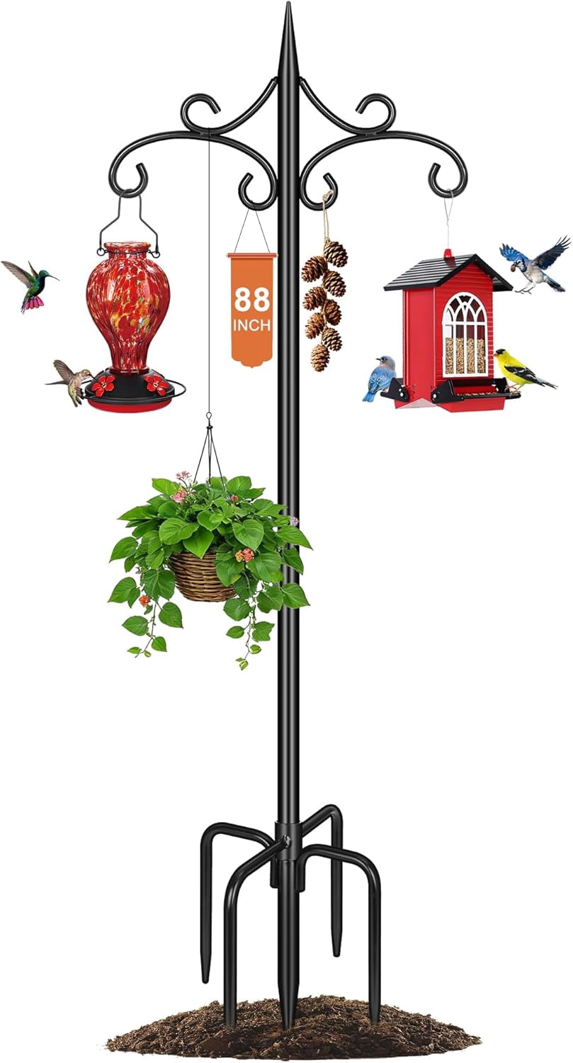 Heavy Duty Double Shepherd Hooks for Outdoor with 5-Prong Base, 88inch Adjustable Decorative Metal Bird Feeder Pole for Hanging Bird Nests, Plant Baskets, Solar Lights, Lanterns, 1 Pack