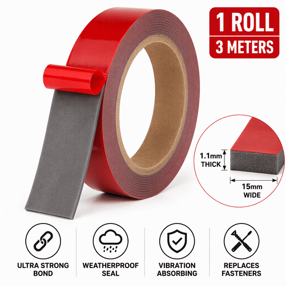 Heavy Duty Double-Sided VHB Acrylic Foam Mounting Tape (Model 4611F, 1.1mm Thick x 15mm Wide x 3-Meter Length), High-Bond Weatherproof Foam Tape with Red Film Liner