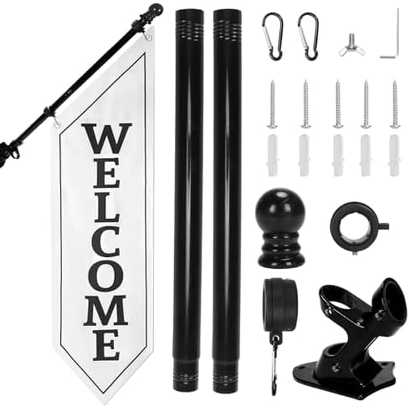 Heavy Duty Double Sided Welcome Flag Kit – 42x14" Outdoor Canvas Banner with Pole & Metal Bracket – Business Storefront Sign for Retail, Shop, or Restaurant Marketing Display (White)